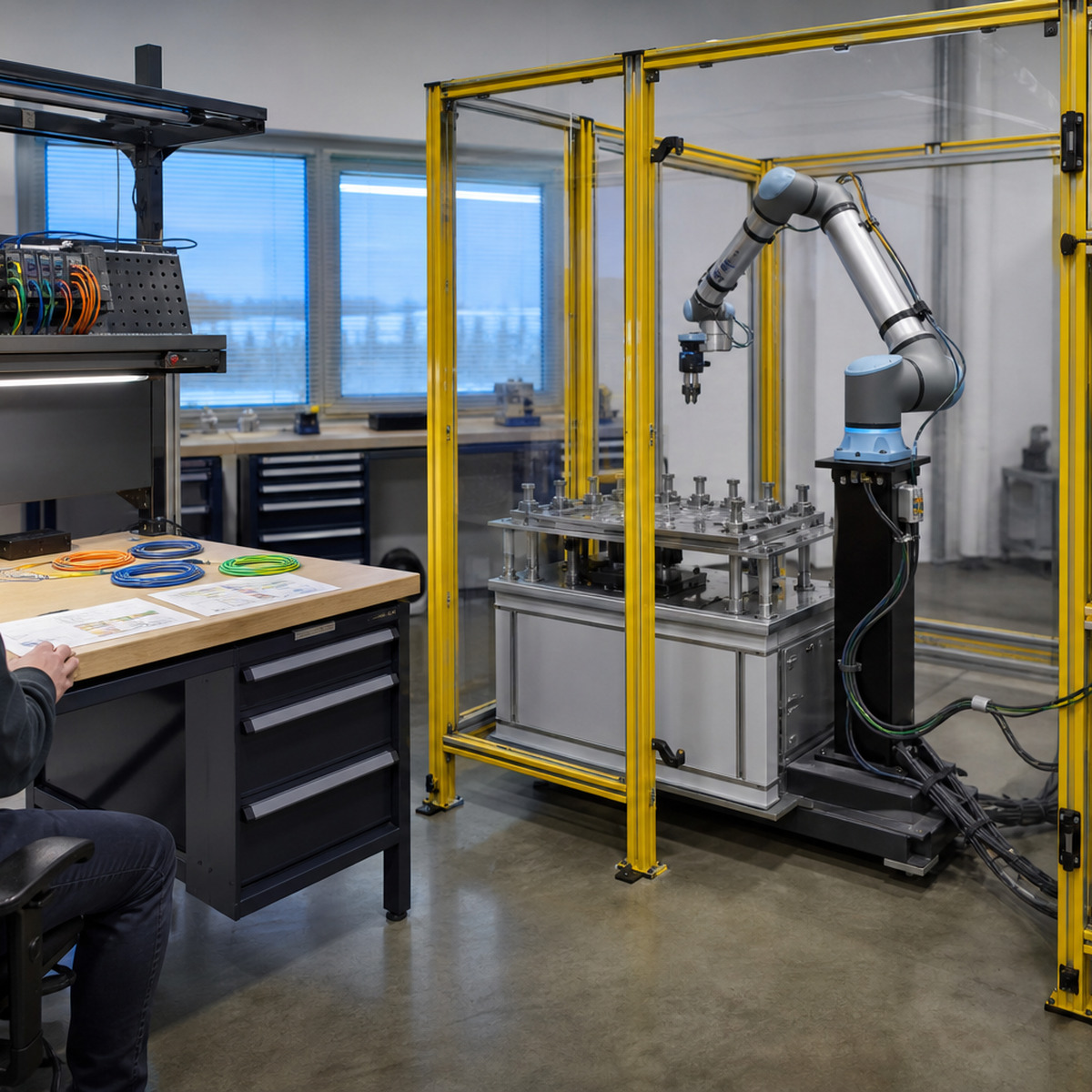 Referenced collaborative robot running a dry cycle in a guarded integration cell while a solution architect reviews interface documentation at a separate bench.