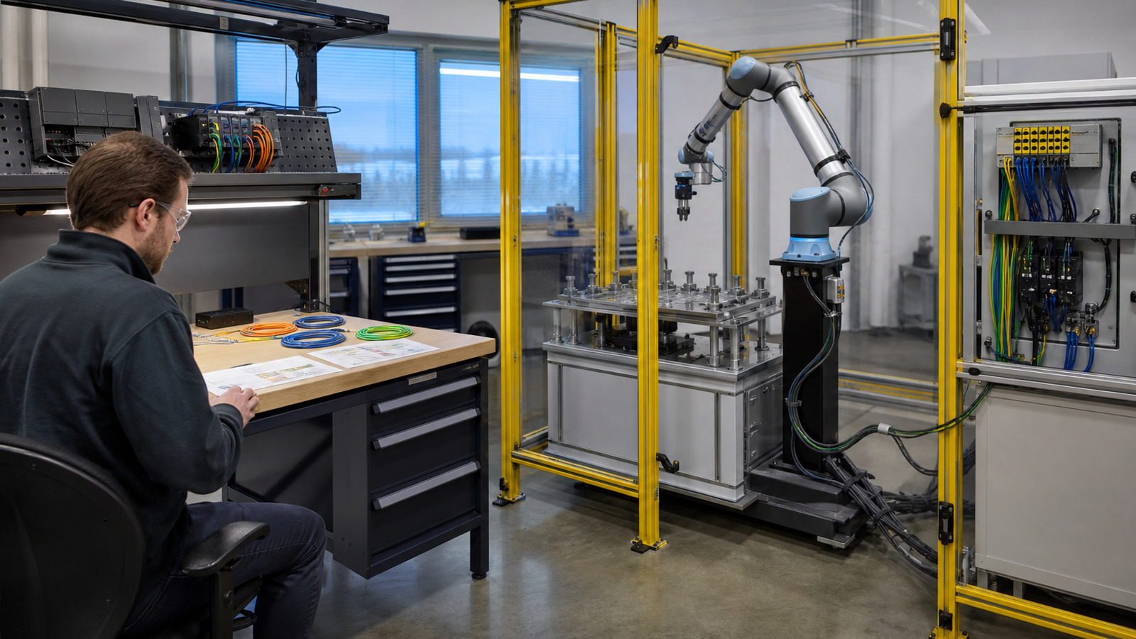 Referenced collaborative robot running a dry cycle in a guarded integration cell while a solution architect reviews interface documentation at a separate bench.