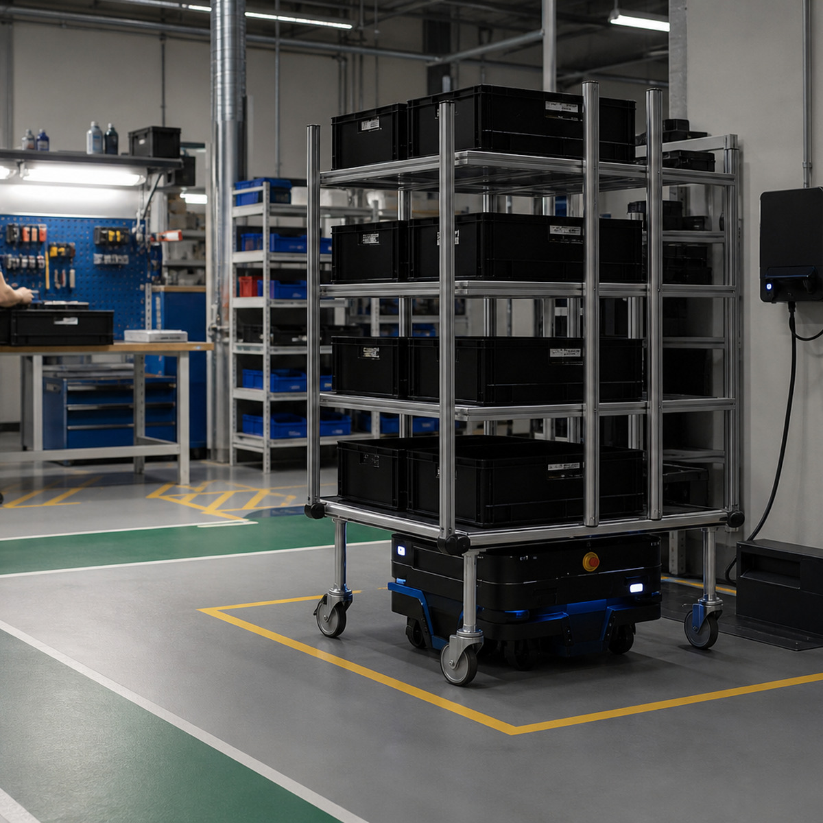 Referenced autonomous mobile robot at a marked lifecycle service position while a technician organizes maintenance equipment at a separate bench.