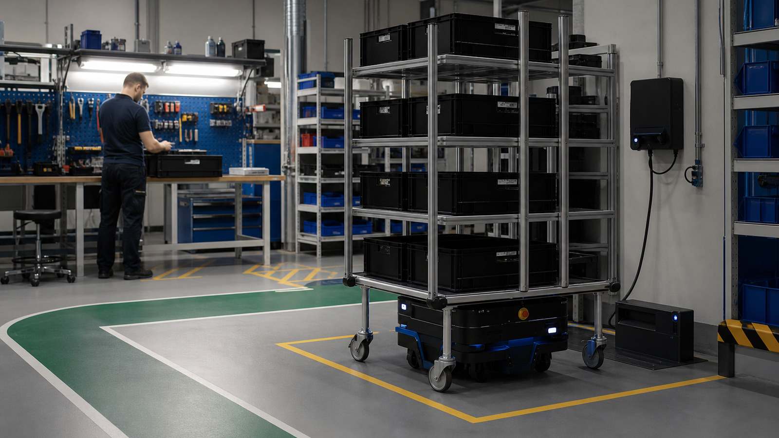 Referenced autonomous mobile robot at a marked lifecycle service position while a technician organizes maintenance equipment at a separate bench.