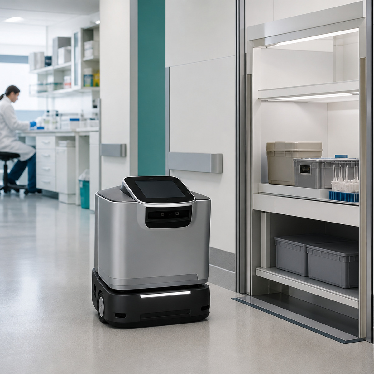 Hospital delivery robot approaching a laboratory receiving alcove while a lab worker prepares a bench.