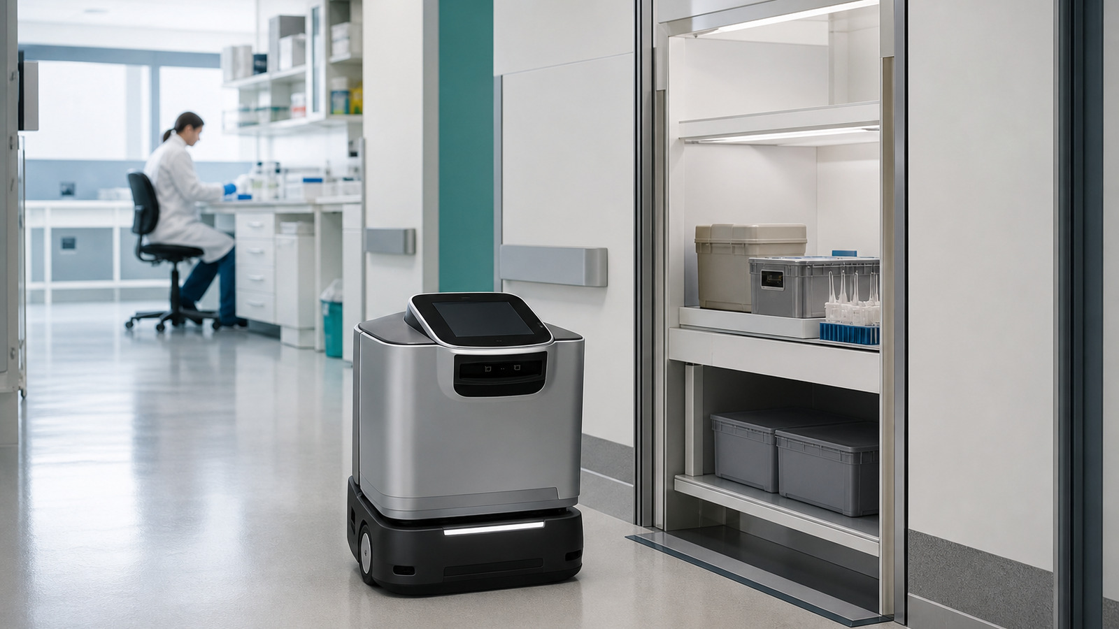 Hospital delivery robot approaching a laboratory receiving alcove while a lab worker prepares a bench.