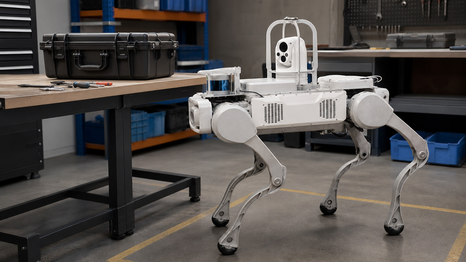 Referenced X20 quadruped with its documented dual-light pan at a marked service position beside a closed service-parts case and controlled tools.