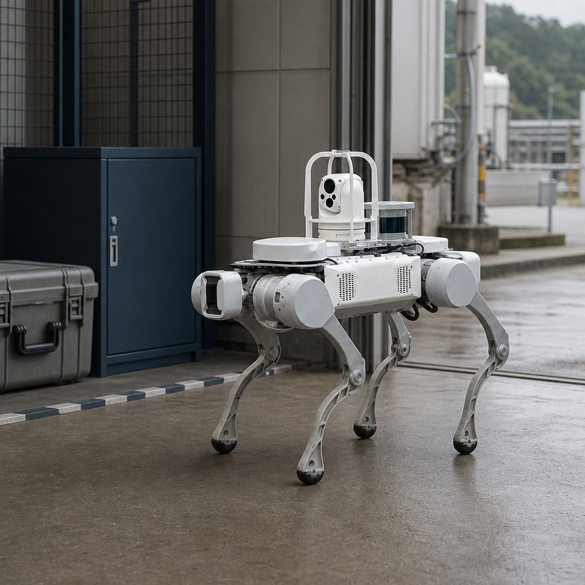 Referenced X20 quadruped with its documented dual-light pan waiting in a bounded dispatch cell beside a closed service case and clear route.