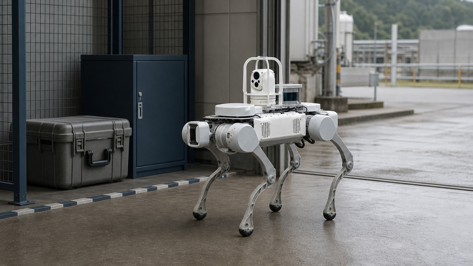 Referenced X20 quadruped with its documented dual-light pan waiting in a bounded dispatch cell beside a closed service case and clear route.