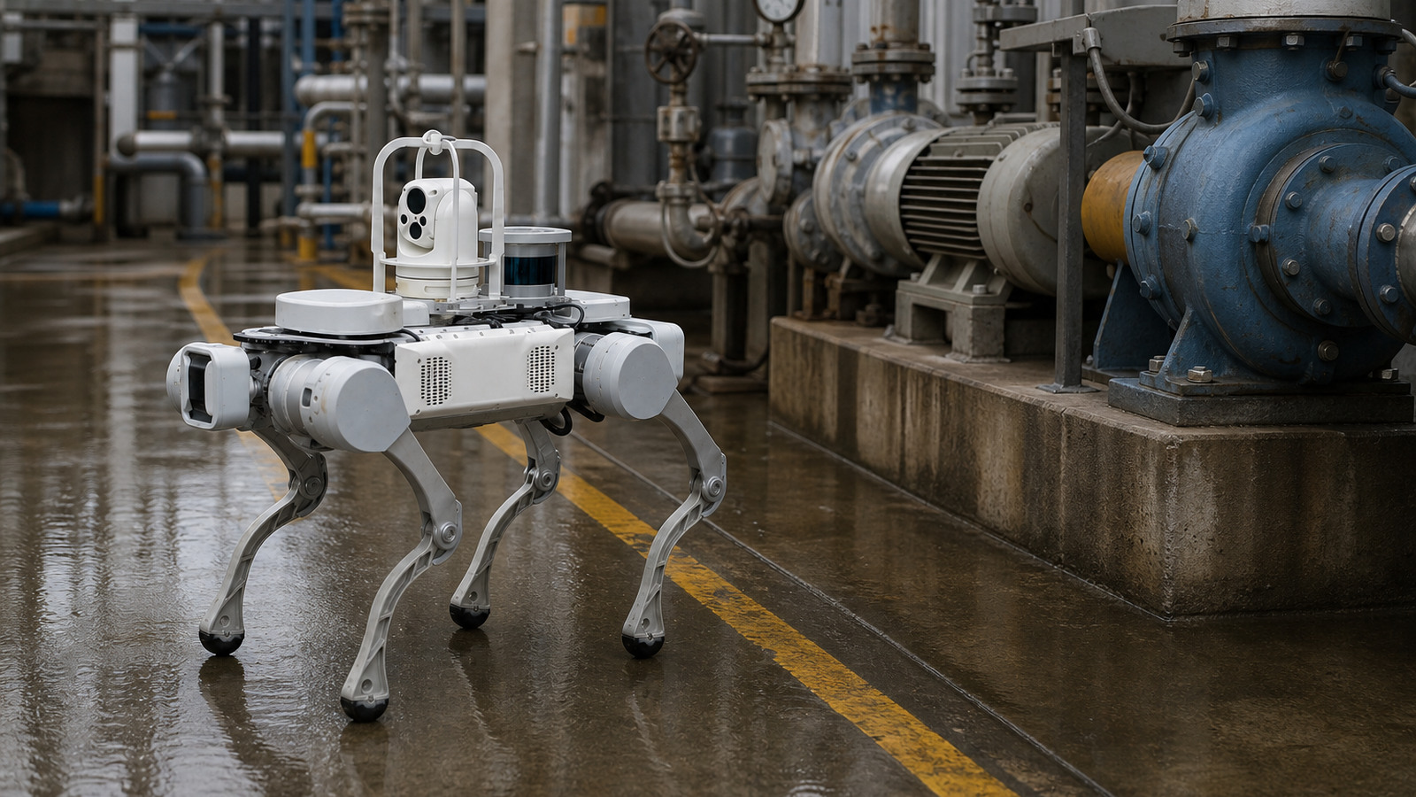 Referenced X20 quadruped with its documented dual-light pan following a marked inspection route beside pumps, pipes and gauges.