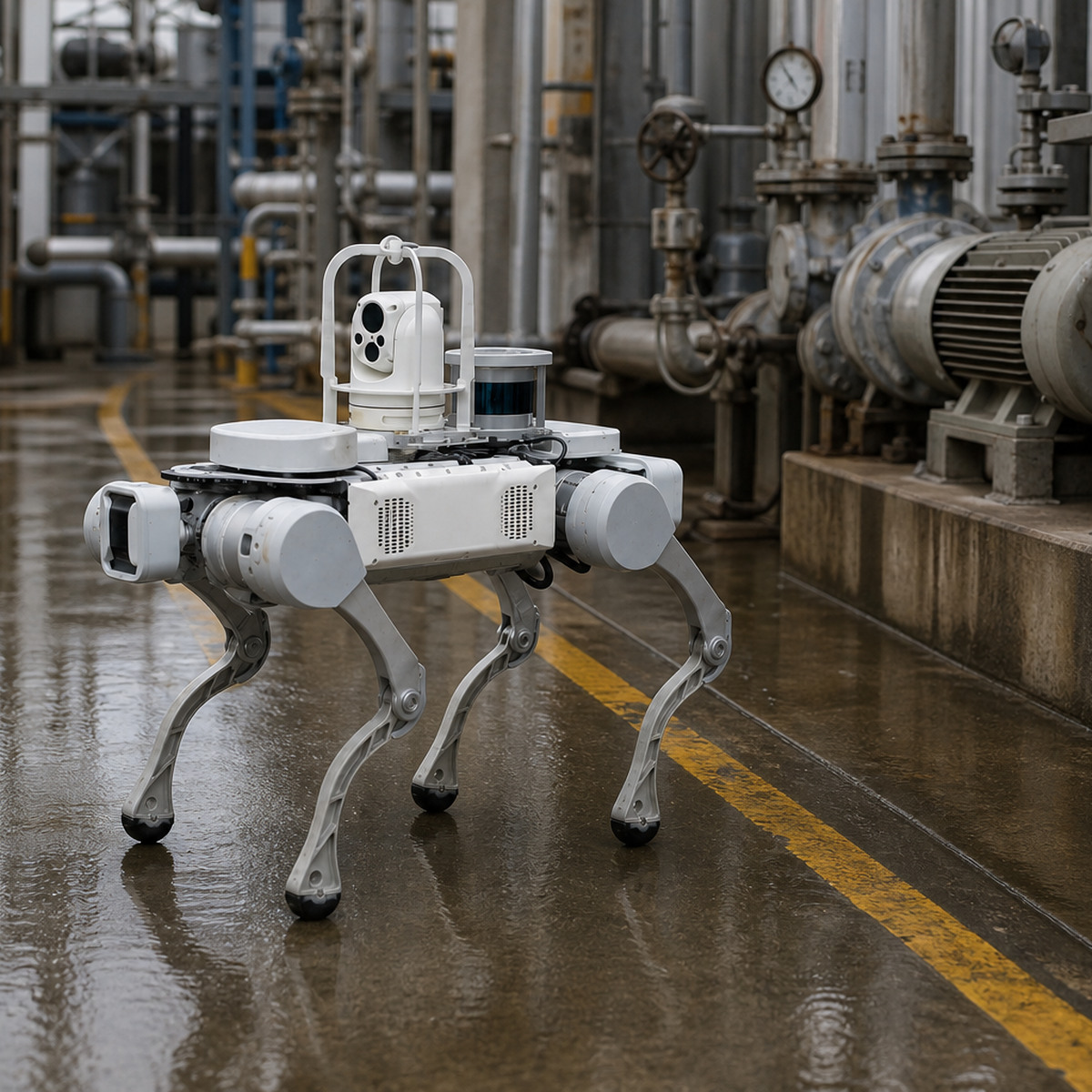 Referenced X20 quadruped with its documented dual-light pan following a marked inspection route beside pumps, pipes and gauges.
