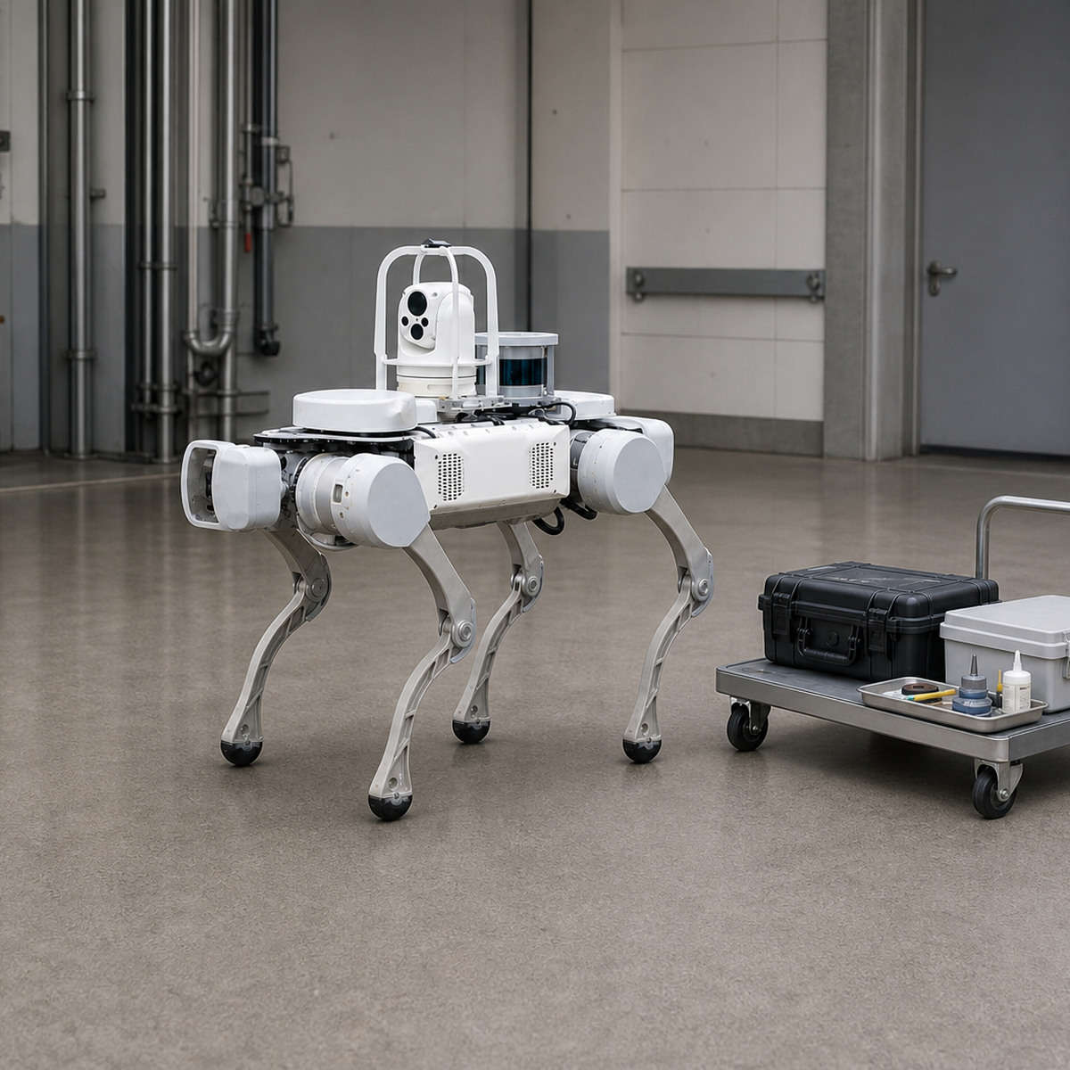Referenced X20 quadruped with its documented dual-light pan beside a controlled maintenance cart with closed tool and service-parts cases.