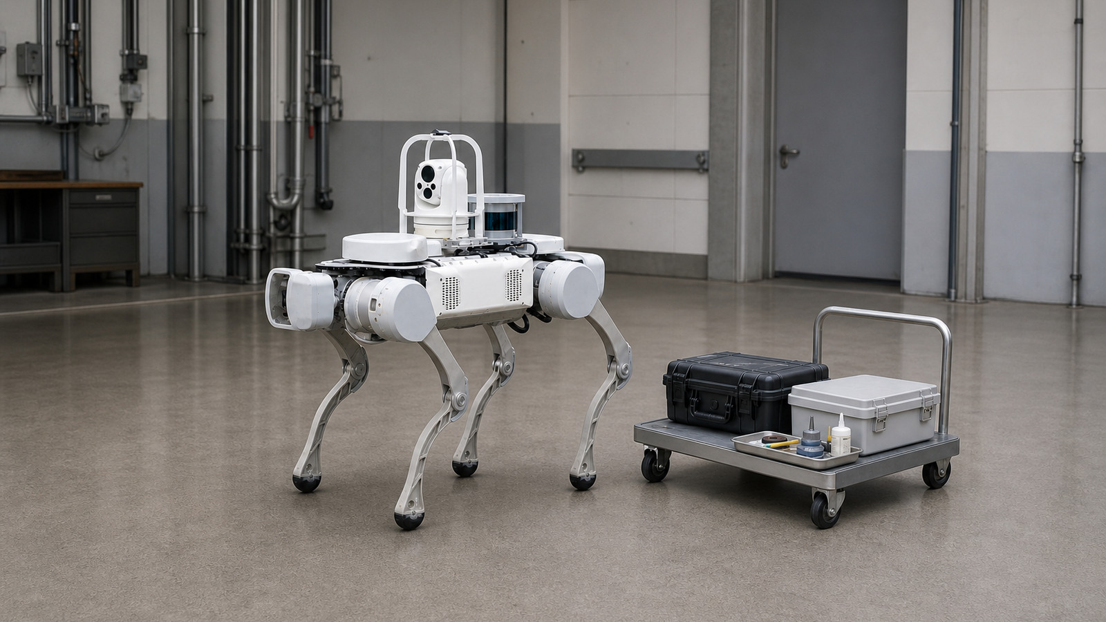 Referenced X20 quadruped with its documented dual-light pan beside a controlled maintenance cart with closed tool and service-parts cases.