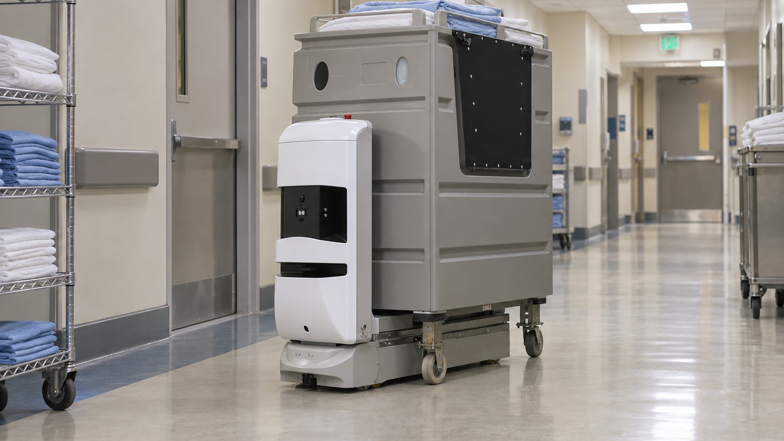 Aethon T3 hospital transport robot moving a high-sided clean-linen cart through a clear service corridor.