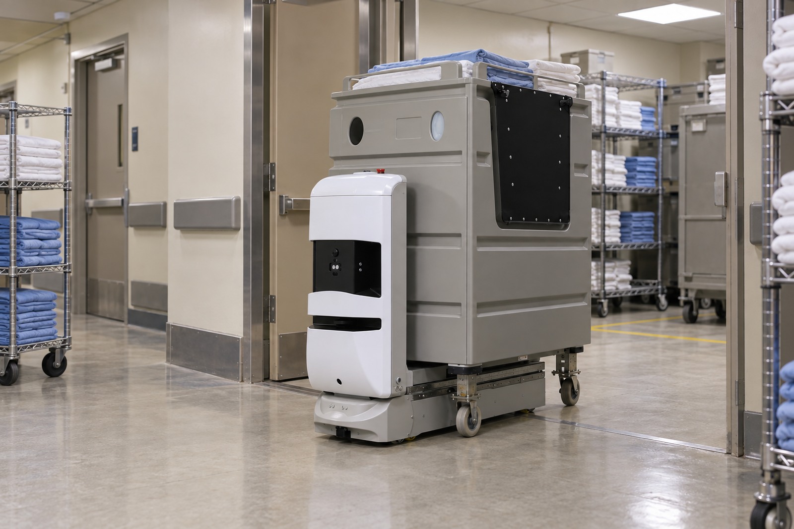 Aethon T3 hospital transport robot aligning an enclosed clean-linen cart at a back-of-house linen handoff area.