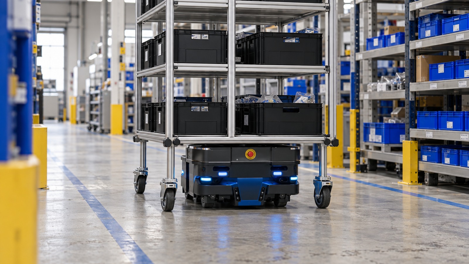 MiR250 autonomous mobile robot moving a purpose-designed shelf carrier through a marked warehouse aisle.