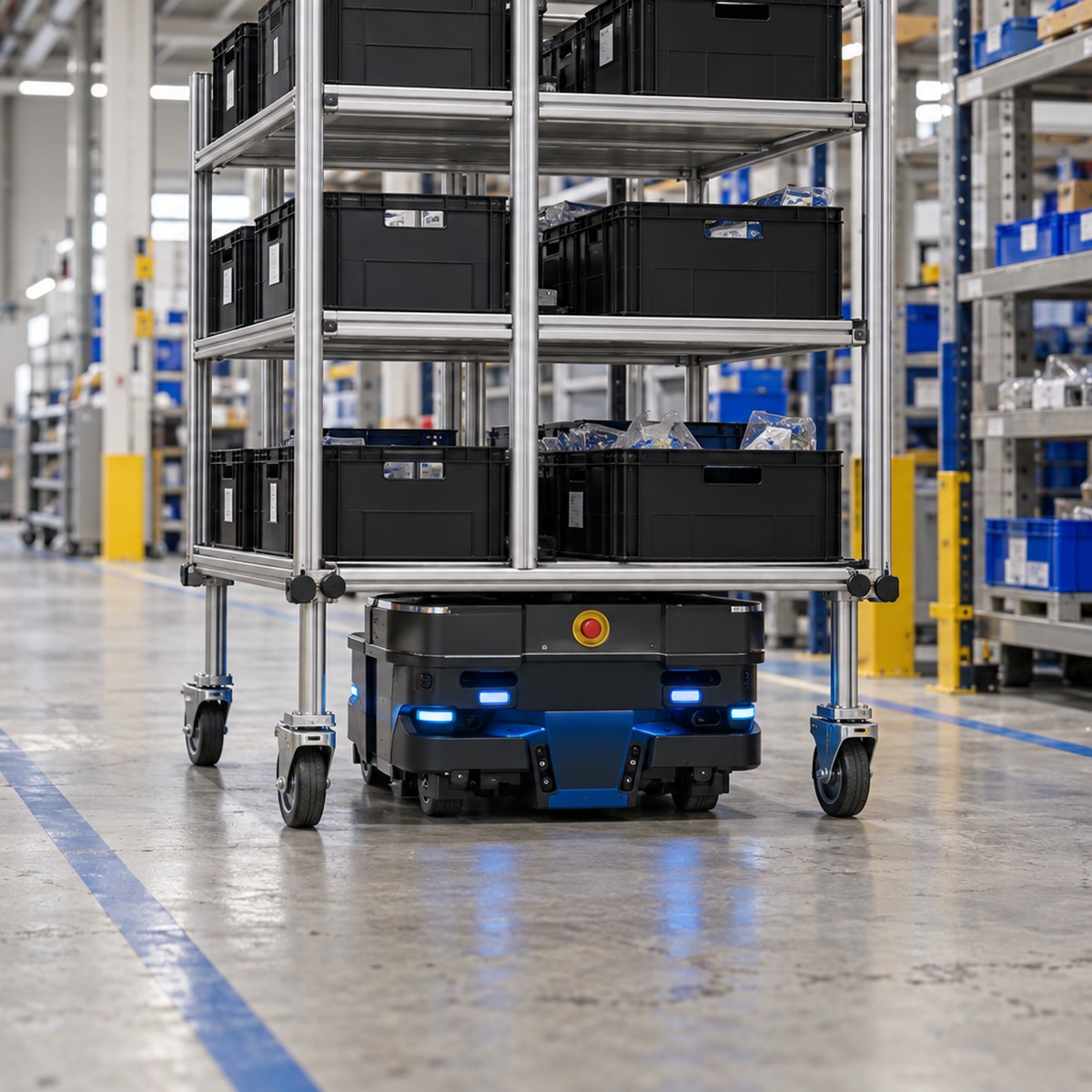 MiR250 autonomous mobile robot moving a purpose-designed shelf carrier through a marked warehouse aisle.