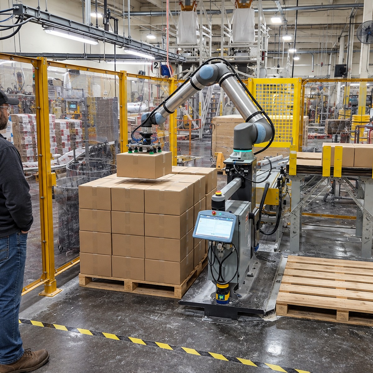 Universal Robots UR20 palletizing cartons in a guarded integrator acceptance cell while an engineer observes outside.