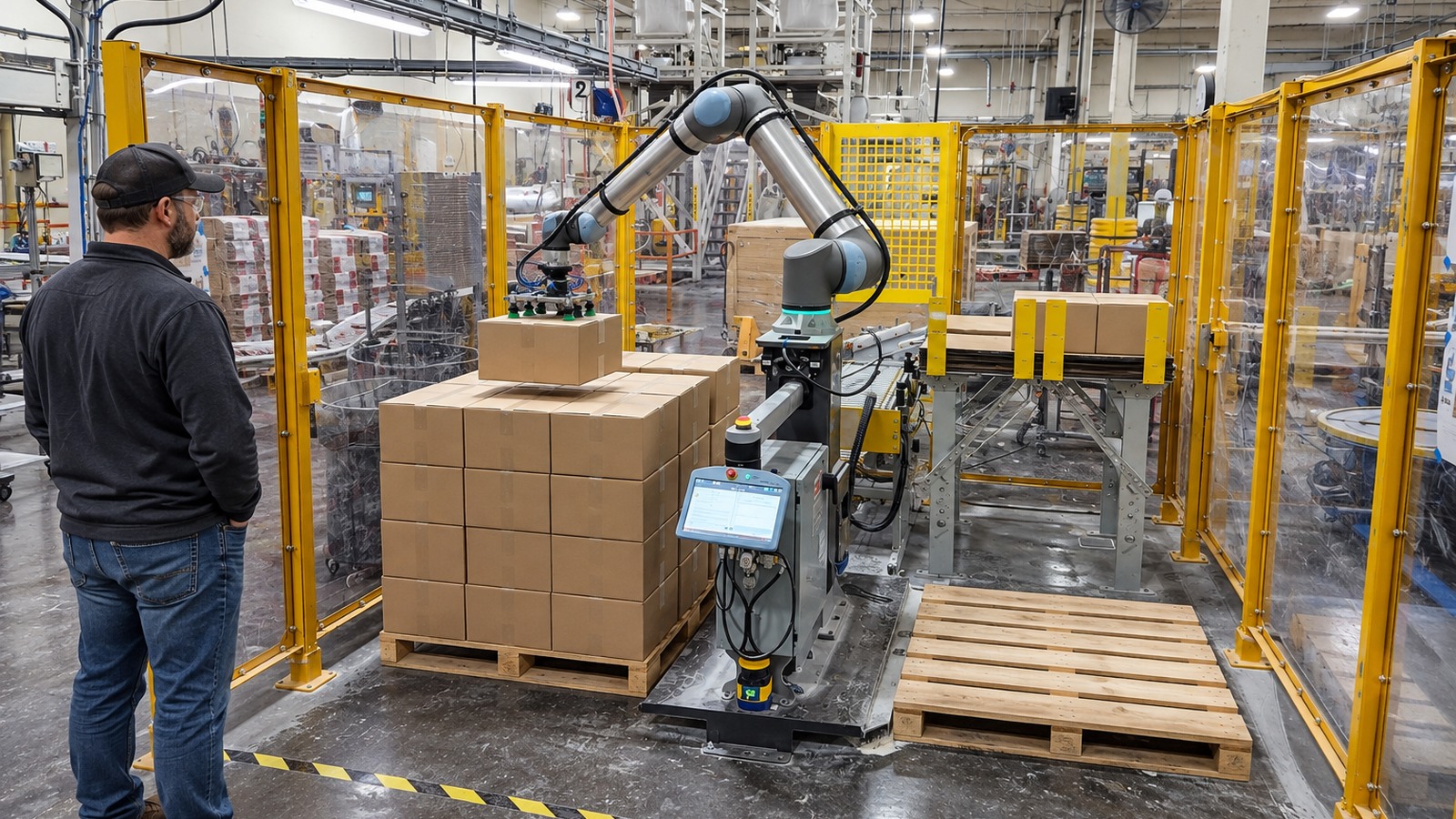 Universal Robots UR20 palletizing cartons in a guarded integrator acceptance cell while an engineer observes outside.