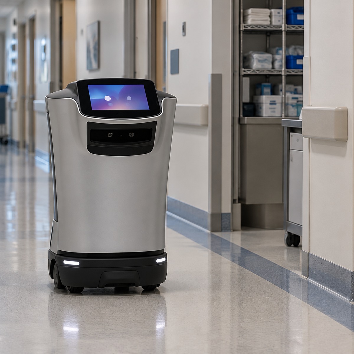 Relay hospital delivery robot travelling through a clear service corridor between missions.
