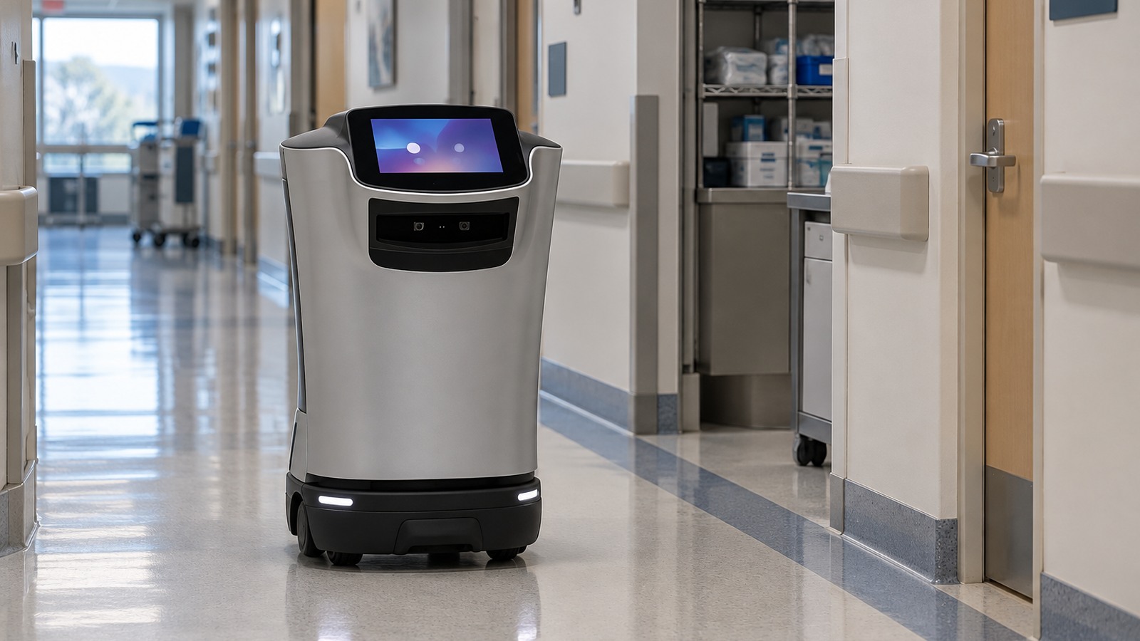 Relay hospital delivery robot travelling through a clear service corridor between missions.