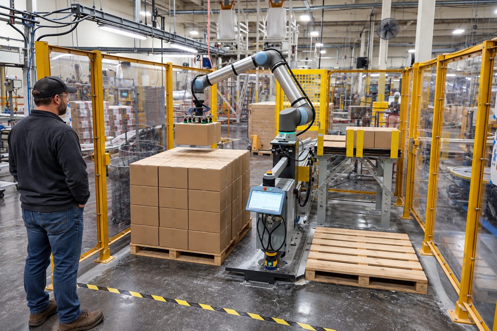 Universal Robots UR20 palletizing cartons during a guarded factory-acceptance run with one engineer outside the cell.