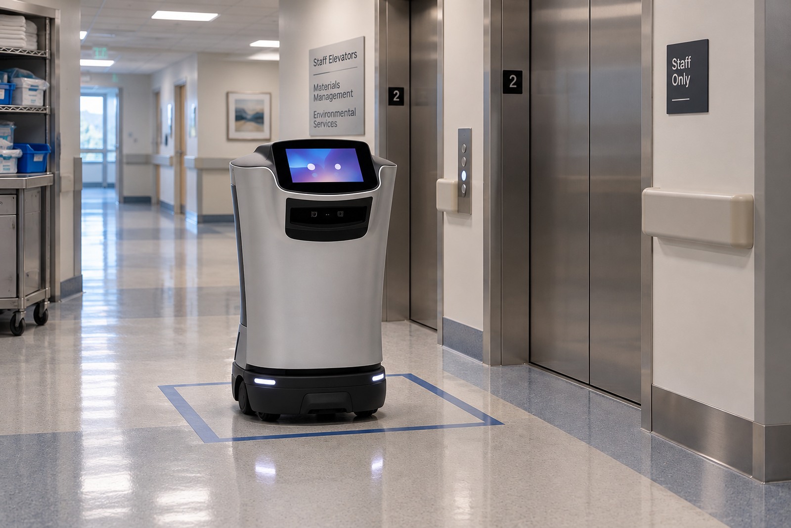 Relay hospital delivery robot waiting at a marked handoff position beside a staff-only elevator route.