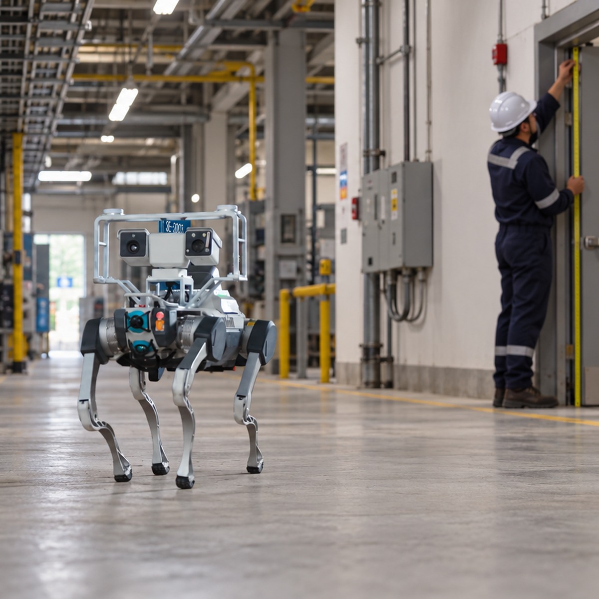 Inspection robot on an industrial route while a technician measures a doorway clear of its path.