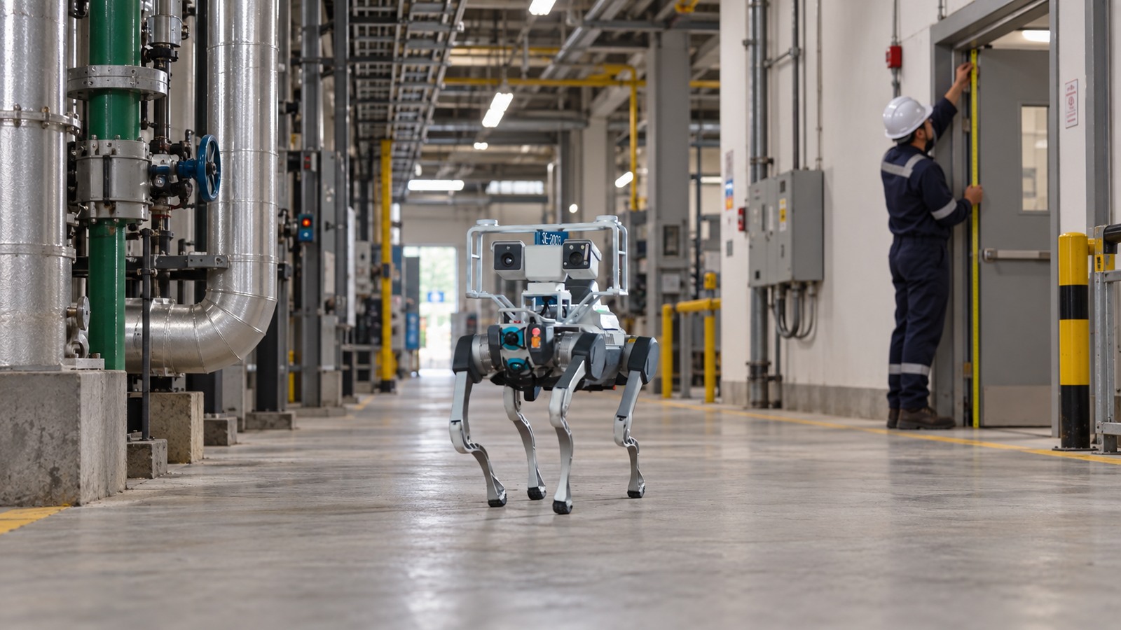 Inspection robot on an industrial route while a technician measures a doorway clear of its path.