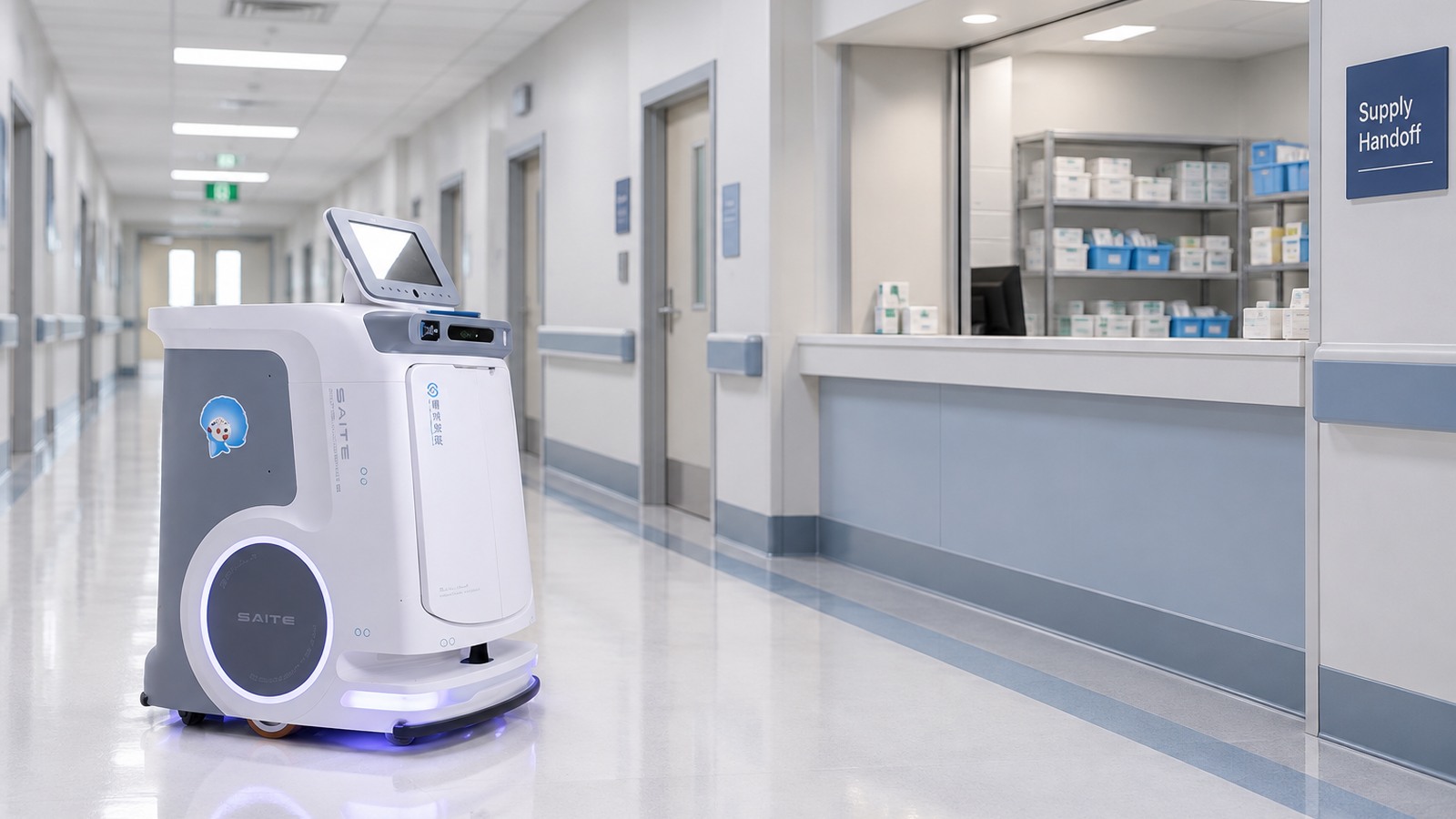 SAITE enclosed delivery robot beside a hospital supply handoff point in a corridor.