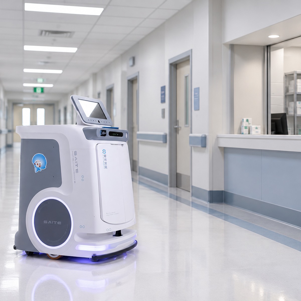 SAITE enclosed delivery robot beside a hospital supply handoff point in a corridor.