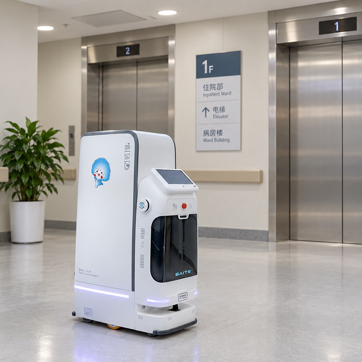 SAITE enclosed delivery robot waiting clear of elevator doors in a hospital alcove.