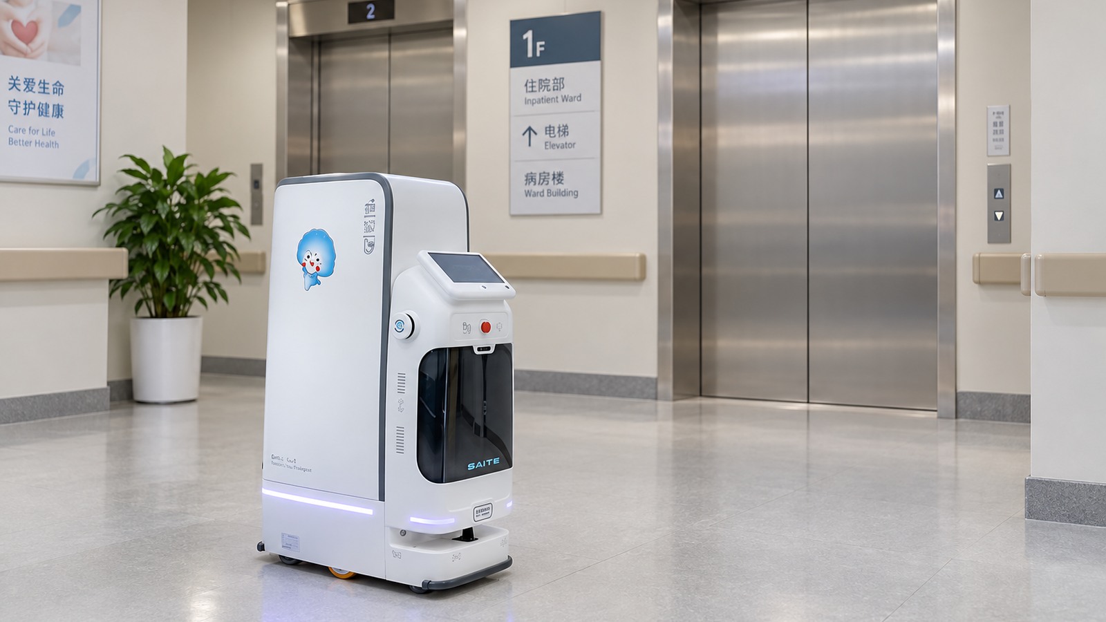 SAITE enclosed delivery robot waiting clear of elevator doors in a hospital alcove.