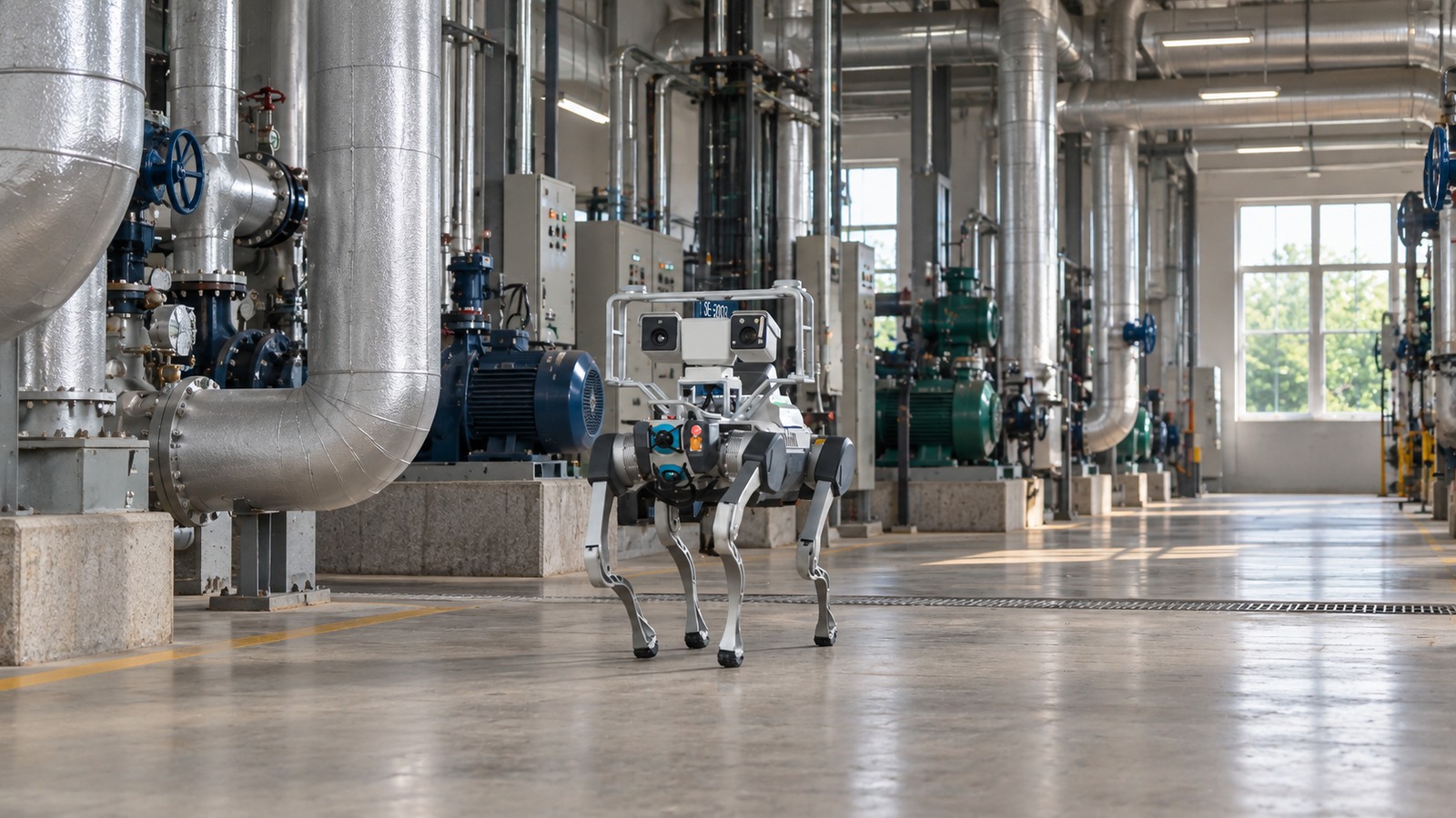 Quadruped inspection robot with its dual-camera payload in a power-plant service aisle.