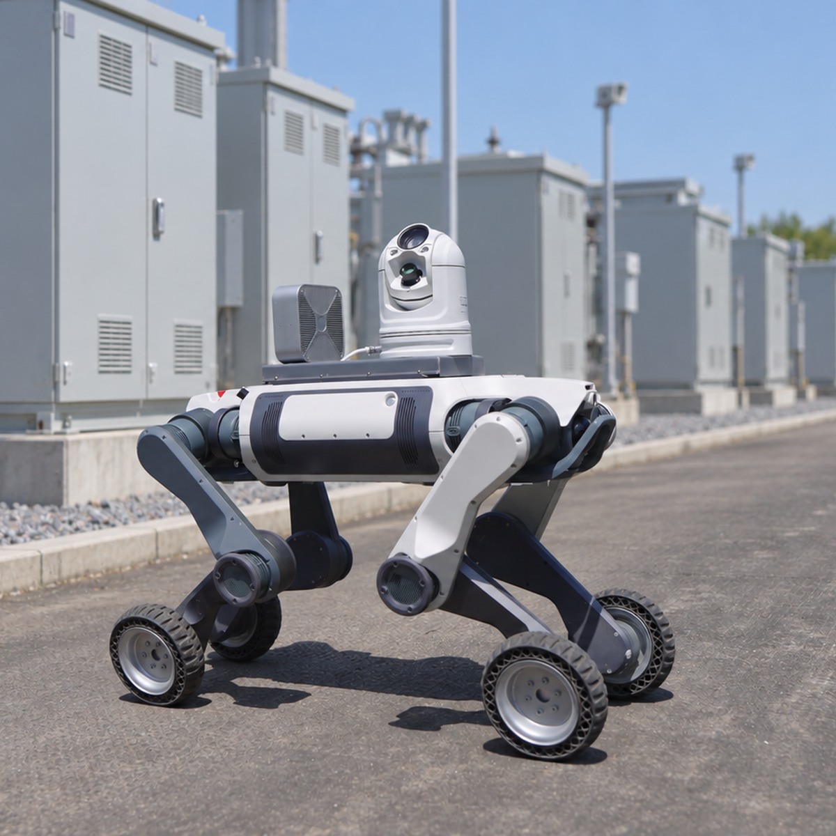 Original camera, acoustic module and mounting plate on a wheel-legged inspection robot in an industrial scene.
