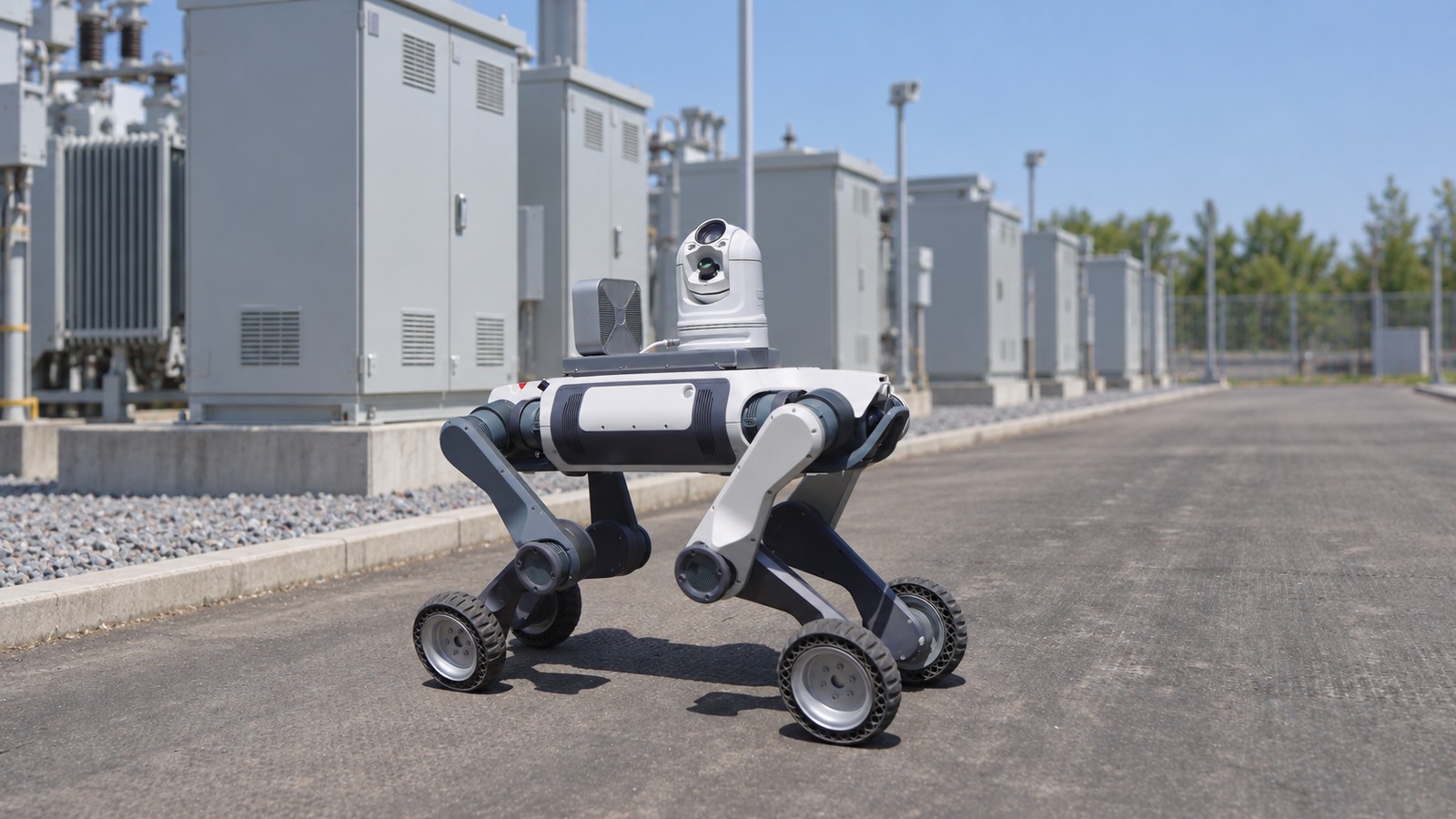 Original camera, acoustic module and mounting plate on a wheel-legged inspection robot in an industrial scene.