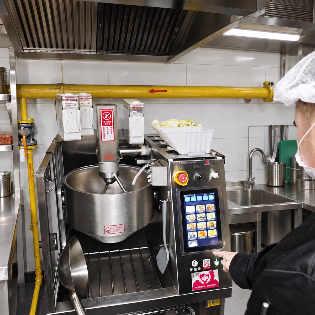 Operator at a cooking robot control panel in a commercial-kitchen setting.
