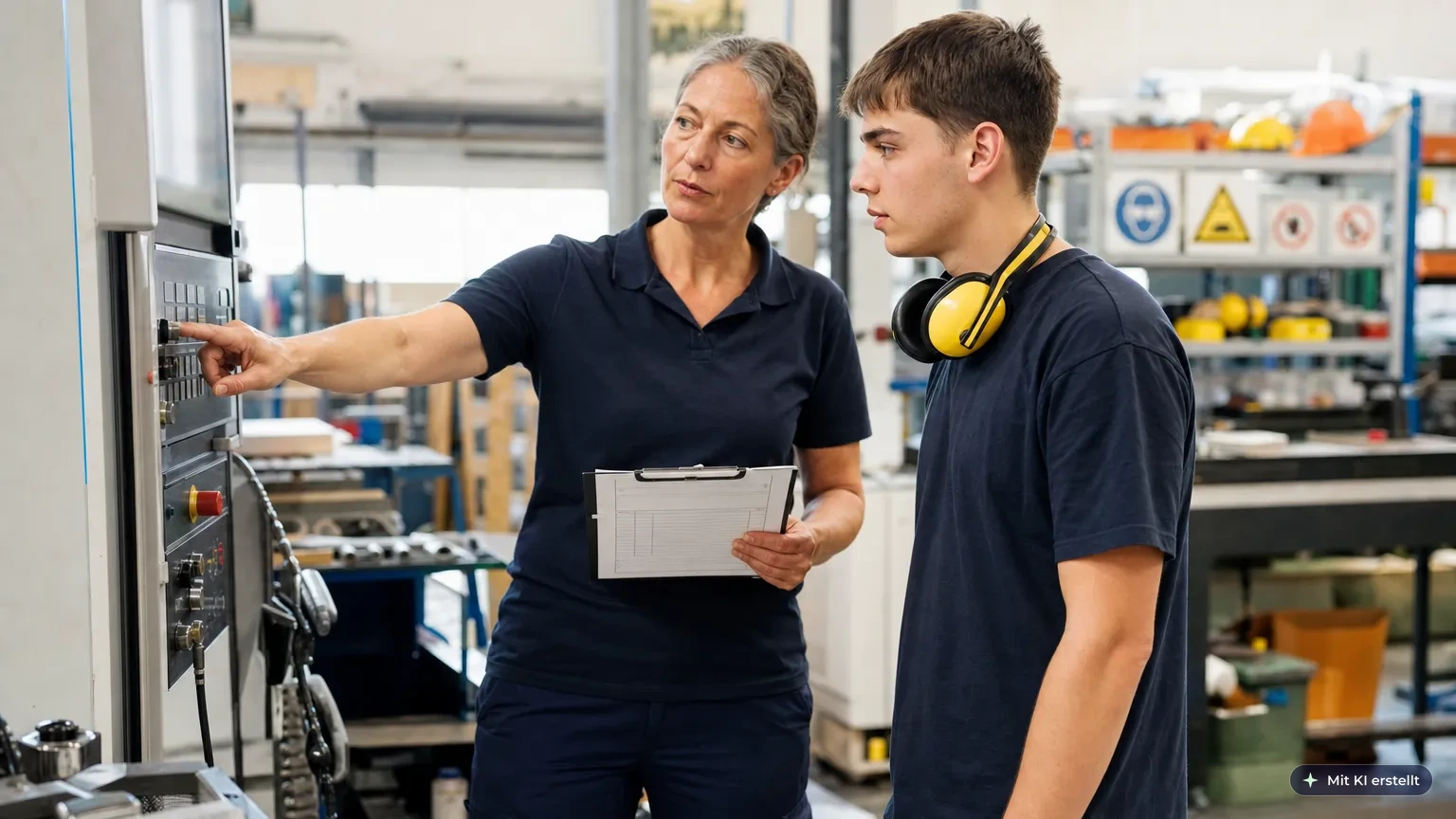 Fachkraft für Arbeitssicherheit unterweist einen Mitarbeiter an einer Maschine zu Sicherheitsabständen und Schutzmaßnahmen
