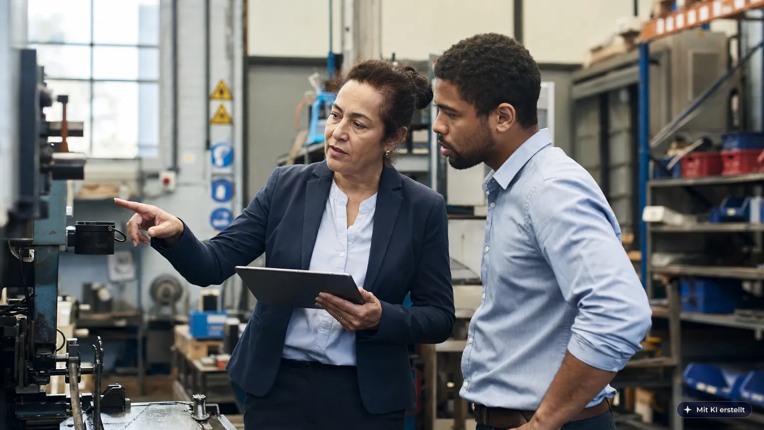 Fachkraft für Arbeitssicherheit prüft mit Tablet eine Gefährdungsbeurteilung an einem Arbeitsplatz in der Werkshalle