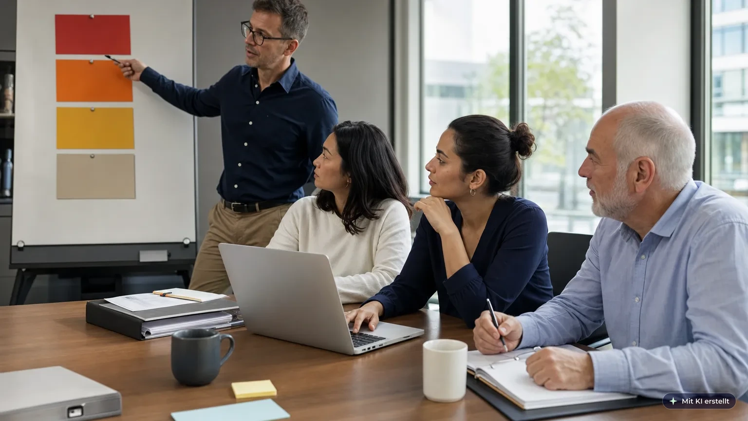 Diverses Büroteam ordnet am Whiteboard und Laptop KI-Anwendungen in die vier Risikoklassen des EU AI Act ein