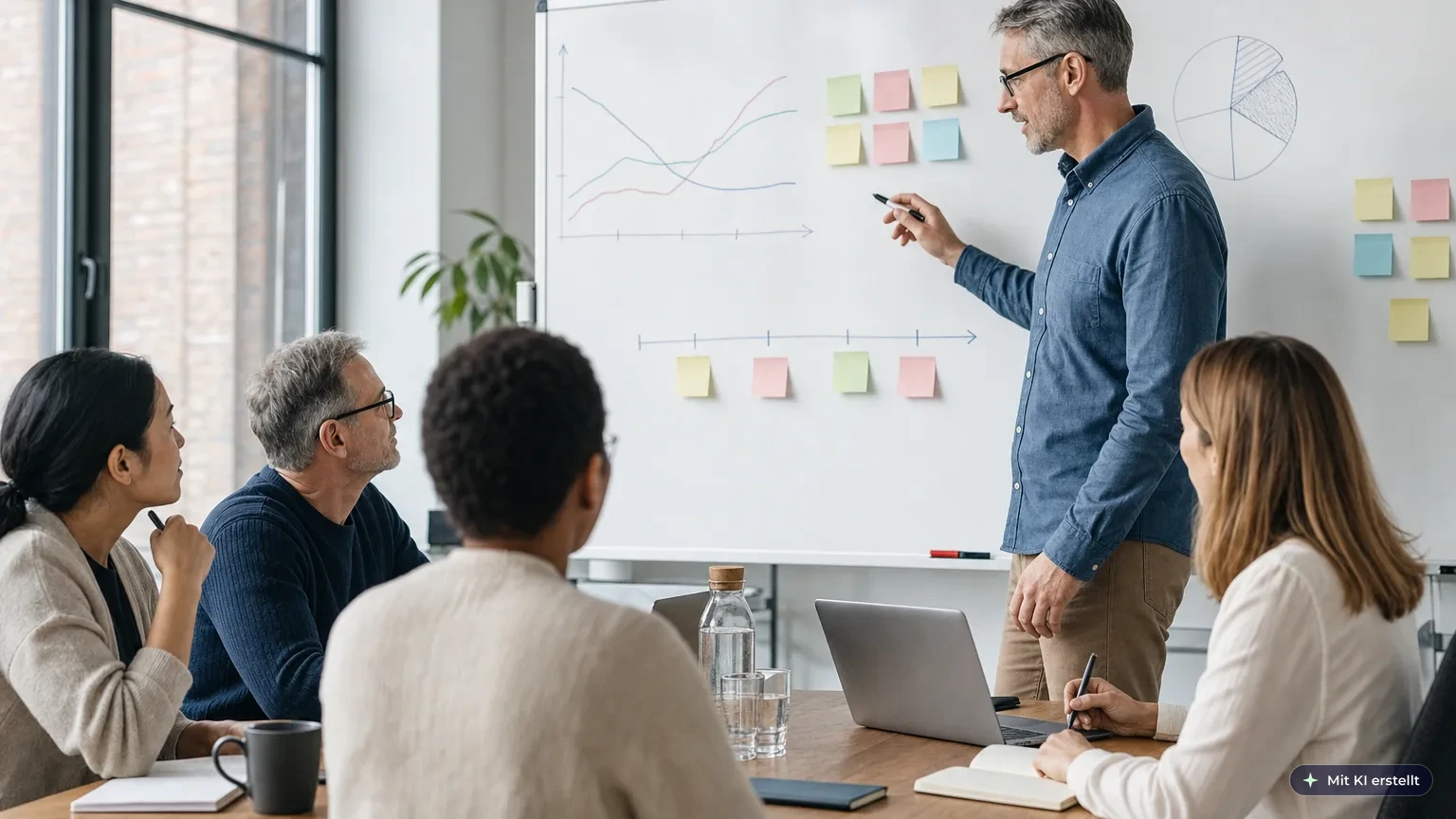 Diverses DACH-Team plant am Whiteboard ein Security-Awareness-Programm mit angedeuteten Kennzahlen, Zeitstrahl und Haftnotizen