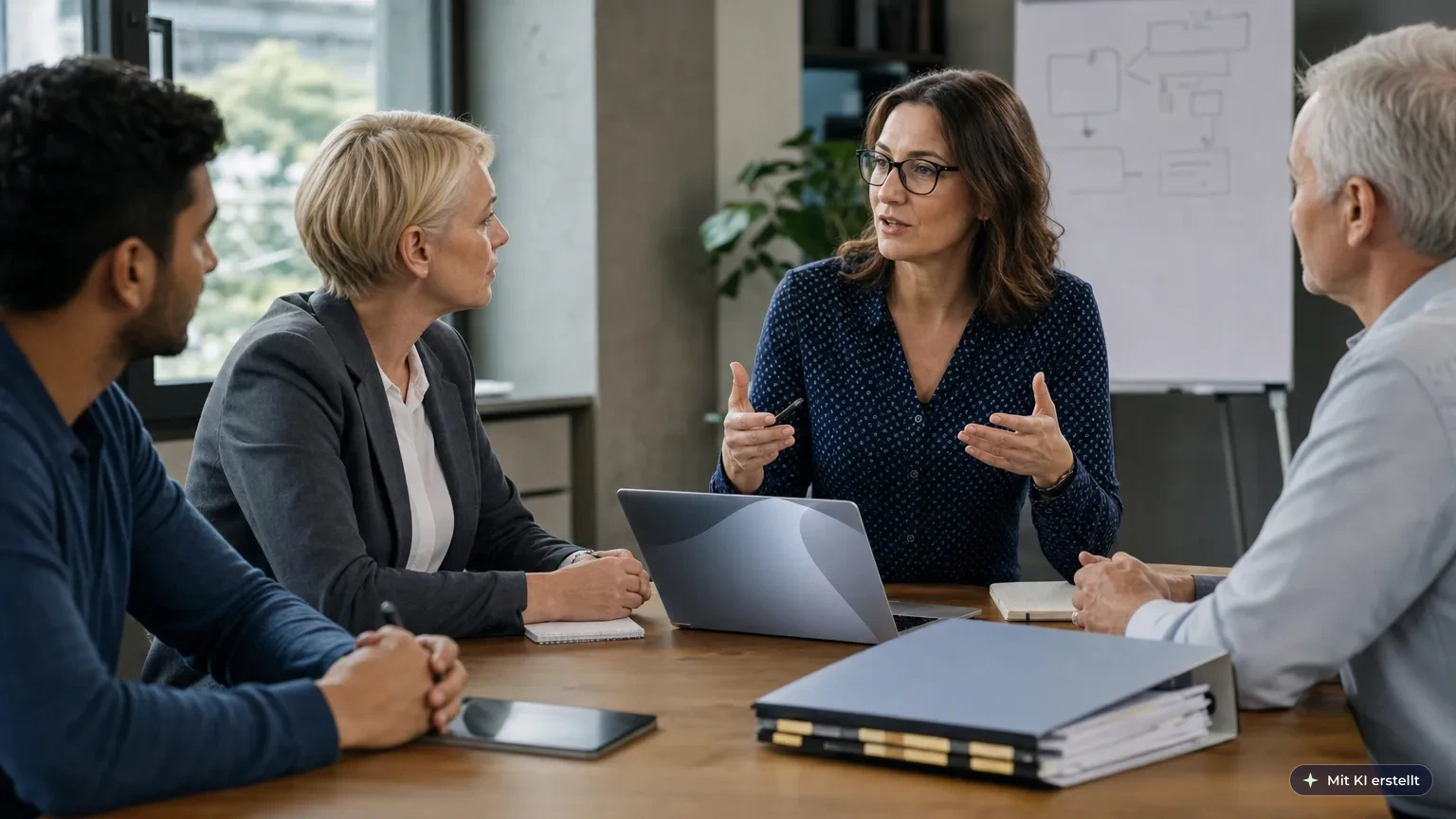 Datenschutzbeauftragte erklärt einem Team im Büro die DSGVO-Grundsätze; Laptop und Aktenordner auf dem Besprechungstisch