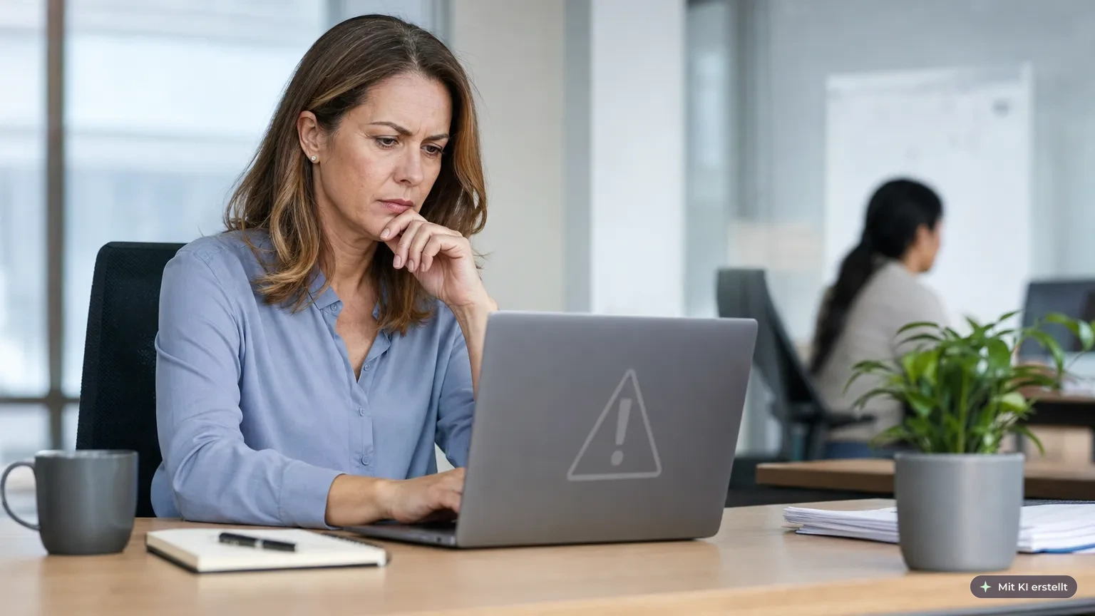 Mitarbeiterin am Laptop in hellem Büro prüft skeptisch eine verdächtige Phishing-E-Mail mit Warnhinweis am Bildschirm
