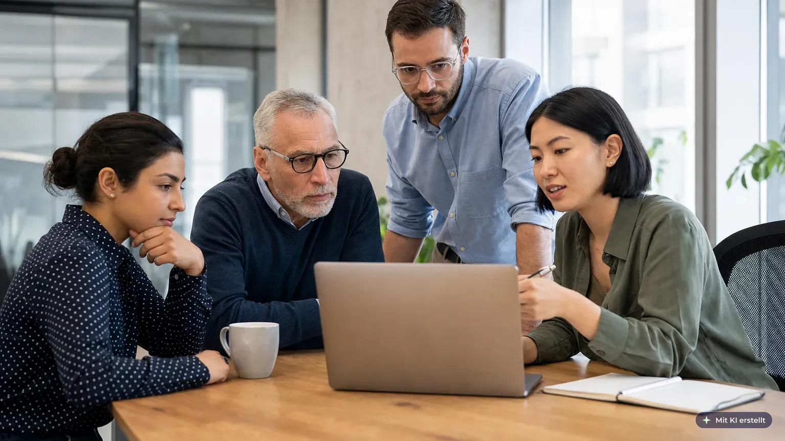 Diverses Büroteam prüft gemeinsam und aufmerksam an einem Laptop eine verdächtige E-Mail in einem hellen deutschen Büro