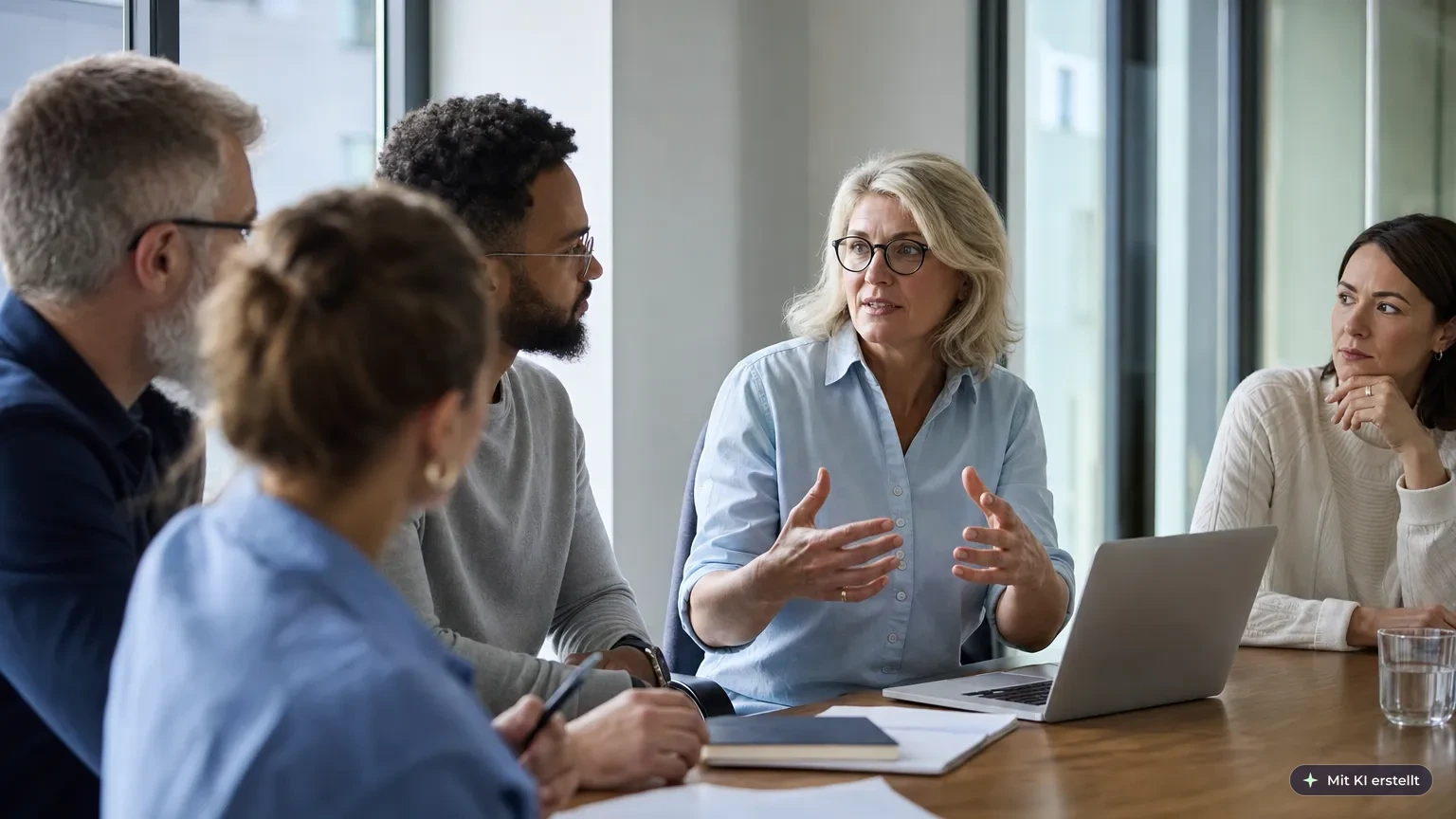 Führungskraft im Gespräch mit einem kleinen, diversen Team in hellem Büro als Sinnbild für gelebte Compliance-Awareness