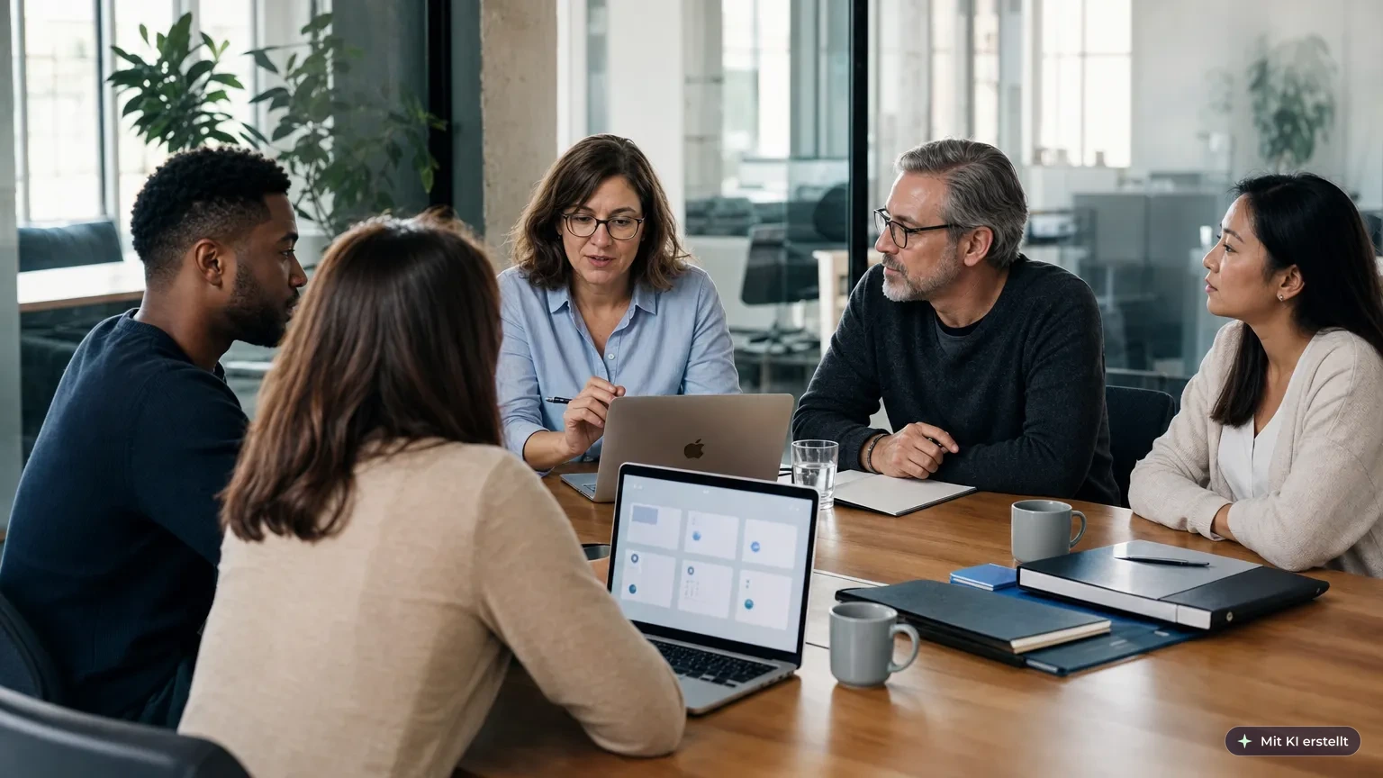HR-Verantwortliche erläutert ihrem Team am Laptop den Pflichtschulungsplan mit Themen wie Arbeitsschutz und Datenschutz