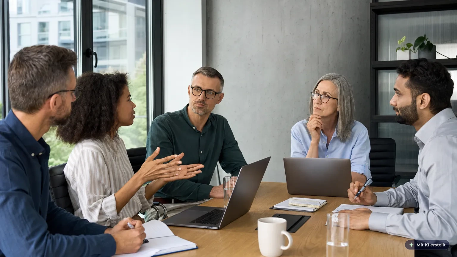 Diverses Team unterschiedlichen Alters und Hintergrunds im Gespräch an einem Tisch in einem hellen, modernen deutschen Büro