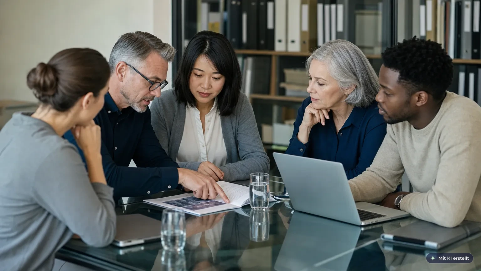Gemischtes Team bespricht am Besprechungstisch anhand eines gedruckten Leitfadens betriebliche Compliance-Regeln