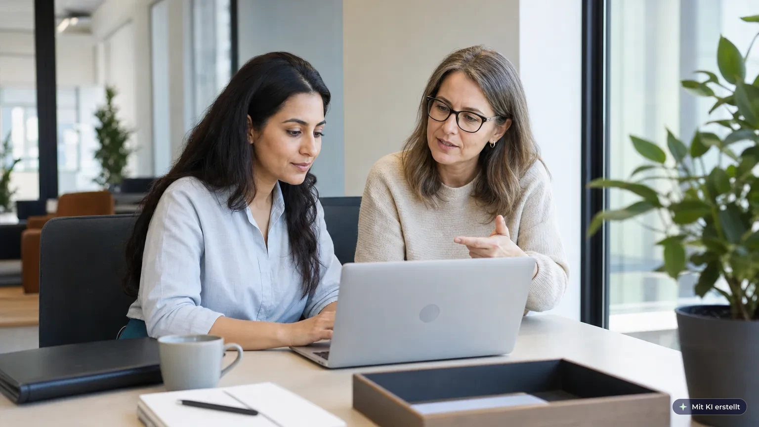 Neue Mitarbeiterin arbeitet am Laptop ein Onboarding-Modul im LMS durch, eine HR-Kollegin begleitet sie im Büro.