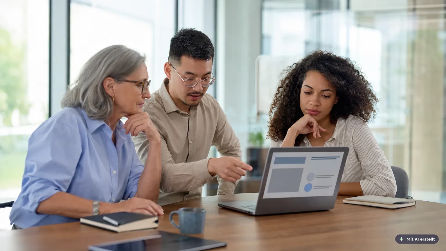 Weiterbildungsteam bespricht am Laptop die Auswahl eines E-Learning-Standards wie SCORM oder xAPI für die Lernplattform