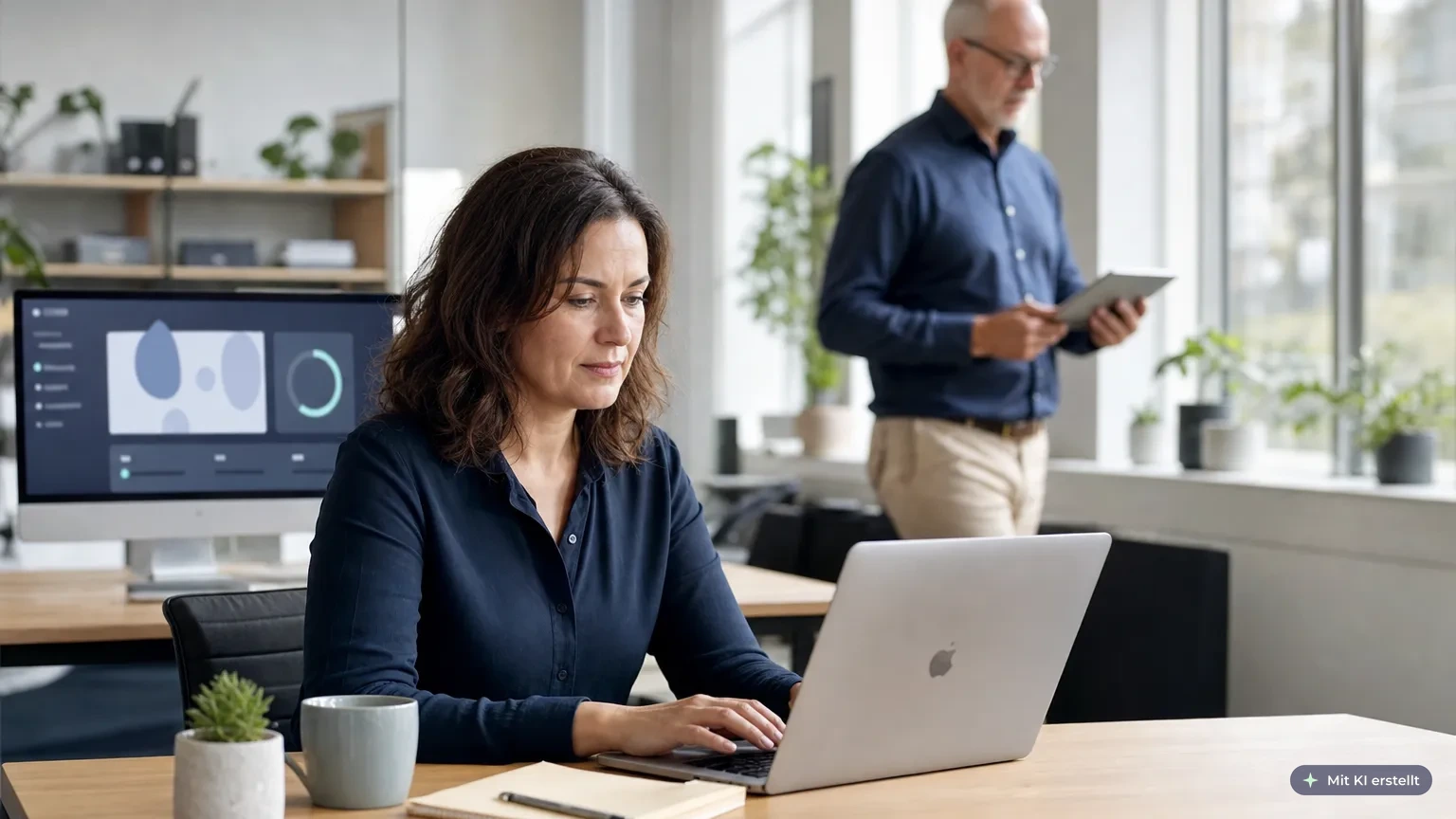 Mitarbeiterin sitzt am Laptop und bearbeitet eine SCORM-basierte E-Learning-Schulung auf einer Lernplattform im Büro