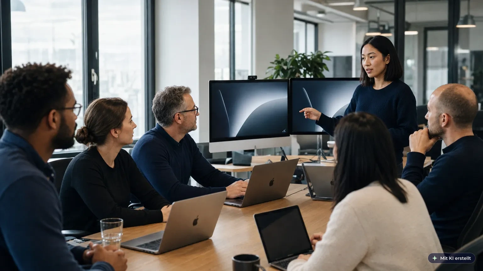 DACH-Startup-Team folgt im modernen Büro am MacBook einer kompakten KI-Unterweisung nach EU AI Act, Kollegen hören zu