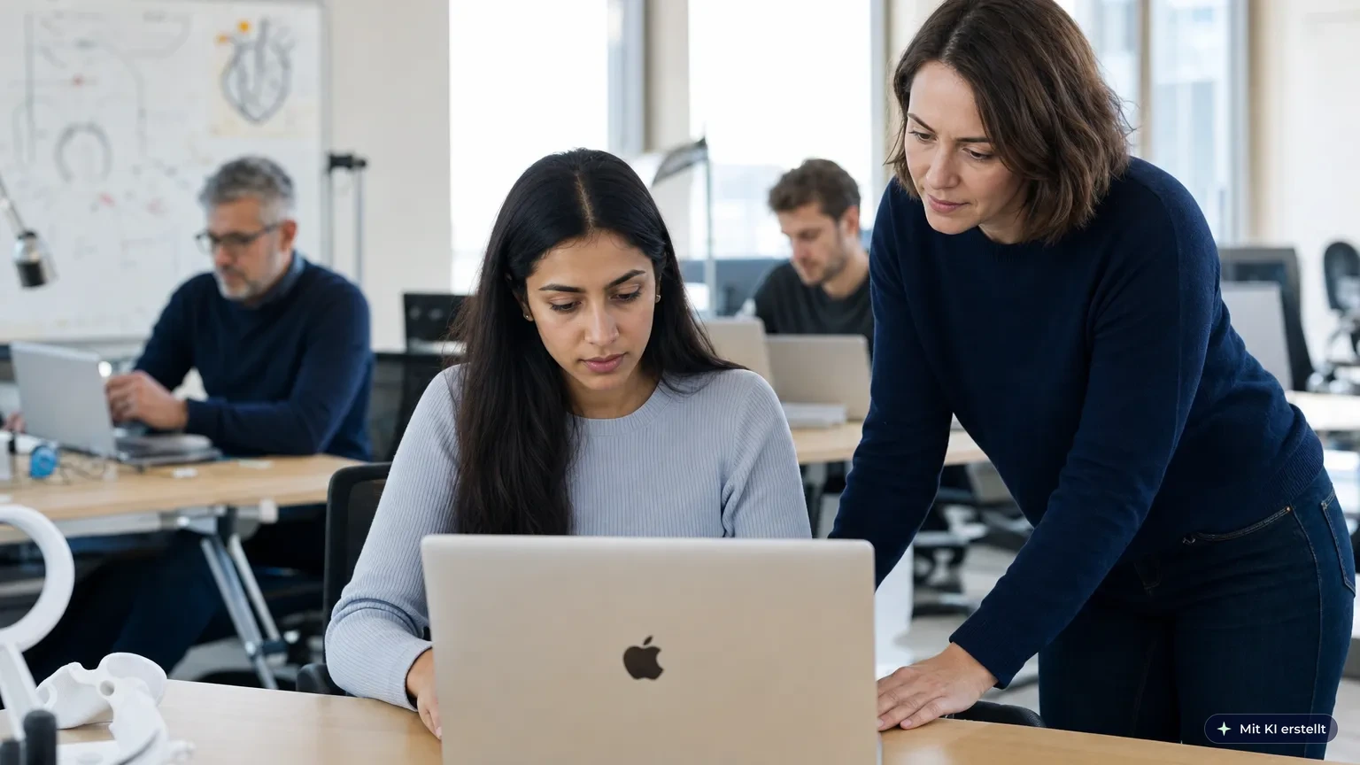 Neue Mitarbeiterin eines MedTech-Scale-ups absolviert am Laptop eine digitale Compliance-Pflichtschulung im Büro