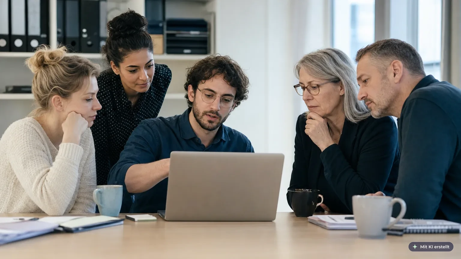 Gemischtes Verwaltungsteam folgt am Laptop einer KI-Weiterbildung nach Artikel 4 der EU-KI-Verordnung im Schulungsraum